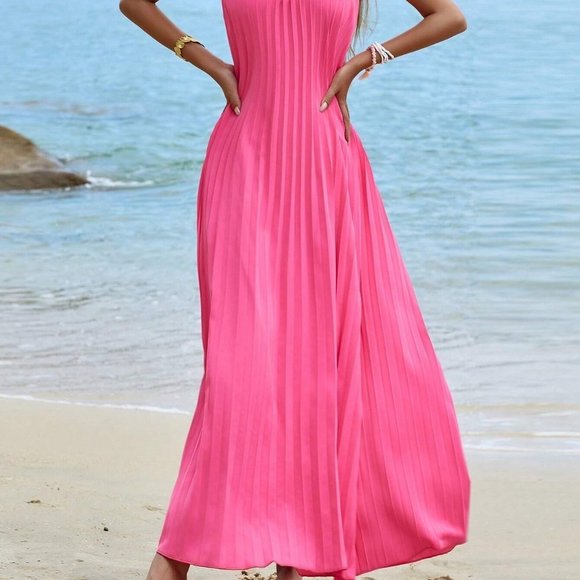 Pink Boho Womens Solid Pleated Detail Backless Halter Dress - Picture 4 of 5